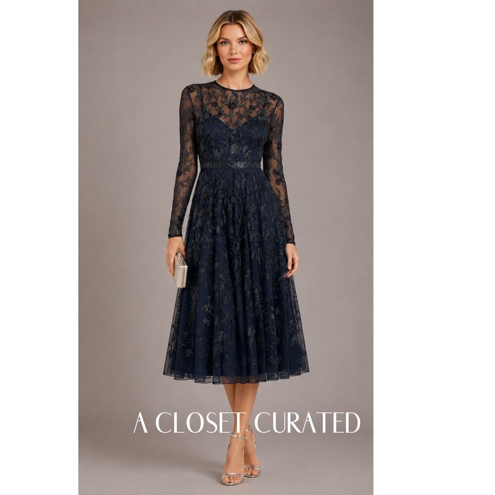 Mac Duggal Beaded Illusion High Neck Long Sleeve A Line Dress 4 Blue Style 10799